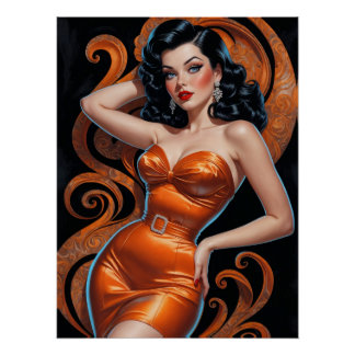 Pôster Vestido Laranja De Pin-Up Brunette