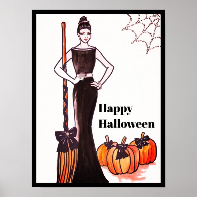Poster Vestido Preto Longo Clássico de Halloween Elegante (Frente)