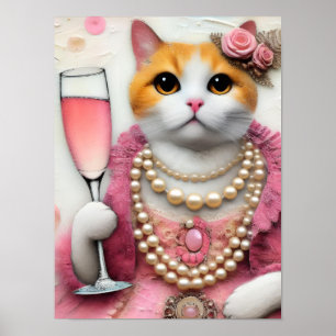 Poster Vestido Rosa Gato Adorável com Pérolas com Bebida