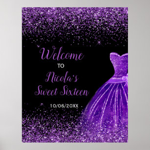 Poster Vestido Roxo Escuro Faux Glitter Sweet 16 Welcome