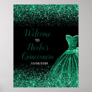 Poster Vestido Verde Escuro Brilho Falso Boas-Vindas Quin