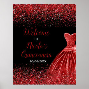Poster Vestido Vermelho Brilhante Faux Glitter Quinceaner