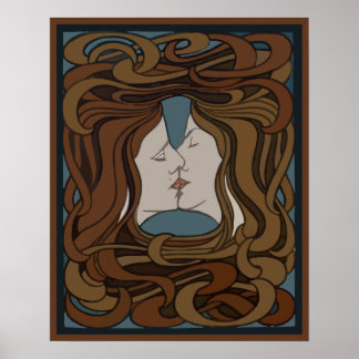 Poster Vetor art nouveau dois rostos beijando