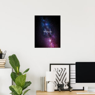 Poster Via láctea cores brilhantes monograma personalizáv