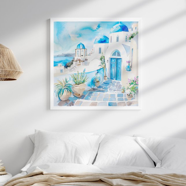 Poster Viagem Art azul e branco mediterrânico de Santorin (Blue and White Mediterranean Beach Travel Wall Art in a boho coastal bedroom in a white frame.)