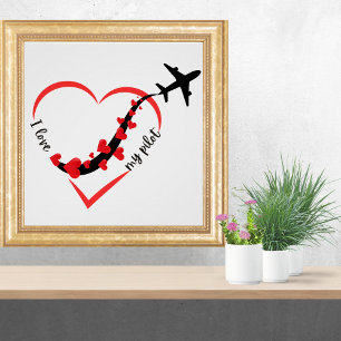 Pôster Viagem Avião Coração Eu Amo Meu Piloto Minimalista