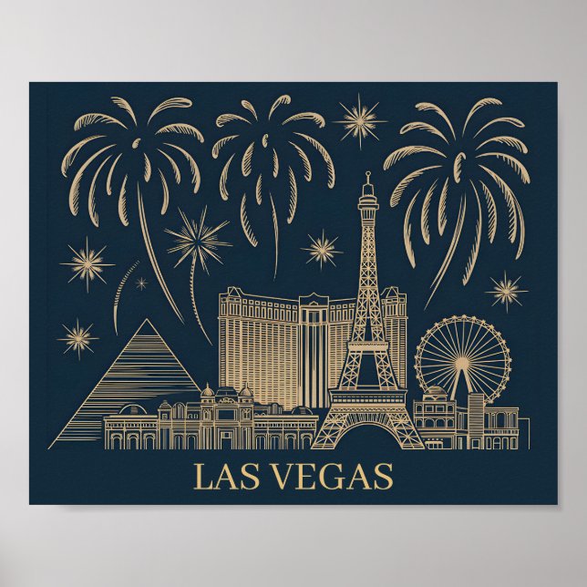 Poster Viagem de Arte Dourada do Skyline em Las Vegas (Frente)