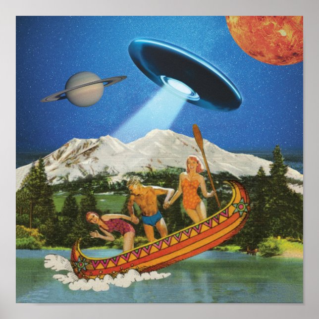 Poster Viagem de Canoa UFO Montanhas Colagem Surrealista (Frente)