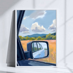 Poster Viagem de Carro   Espelho Retrovisor Aquarela Viag