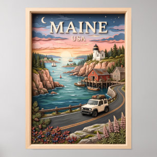 Poster Viagem de Carro pela Costa do Maine Textura Vintag