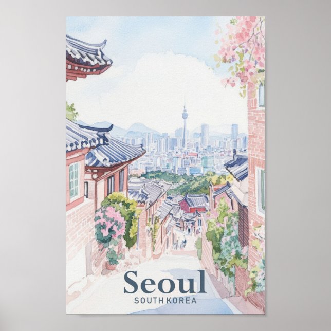 Poster Viagem de Ilustração de Gouache da Coreia do Sul d (Frente)