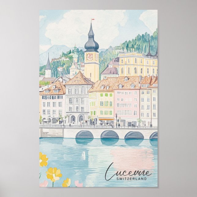 Poster Viagem de Ilustração de Gouache de Suiça de Luzern (Frente)