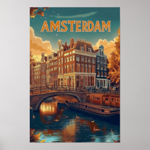 Poster Viagem de Ilustração Vintage de Amsterdã nos Paíse