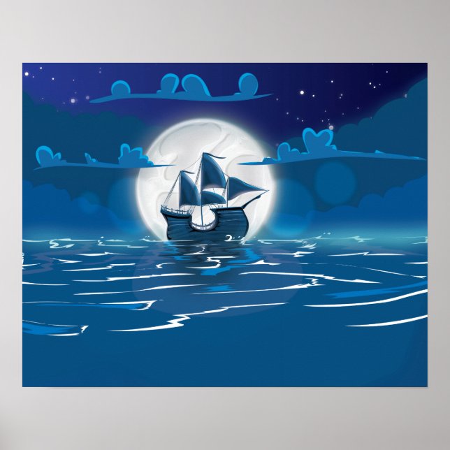 Poster Viagem de navio de vela de madeira ao luar (Frente)