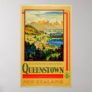 Poster Viagem de Queenstown Nova Zelândia do vintage