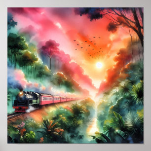 Poster Viagem de Trem Pôr do Sol Tropical em Aquarela