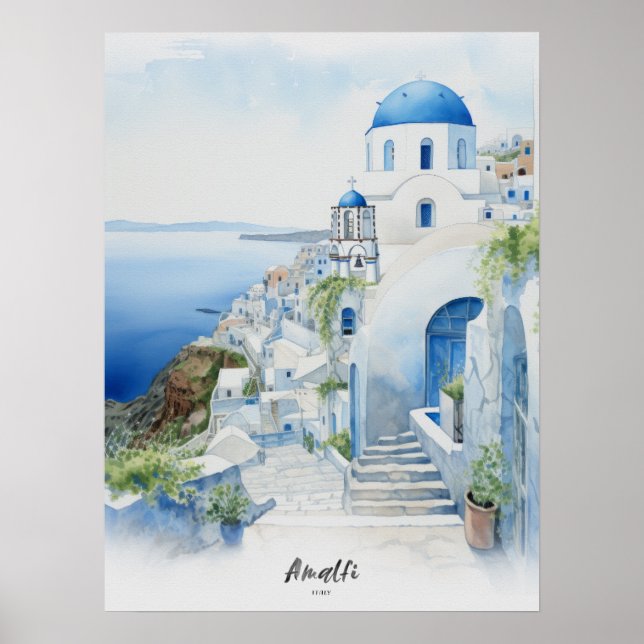 Poster Viagem Destination Amalfi Watercolor Wall Art (Frente)