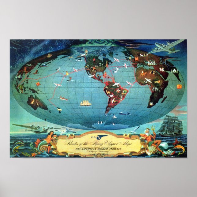 Pôster Viagem do Mapa Mundial da Linha Aérea Vintage (Frente)
