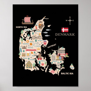 Poster Viagem Europe Dinamarca Mapa Copenhaga Família din
