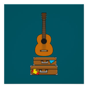 Pôster Viagem Feliz com Bagagem e Guitarra