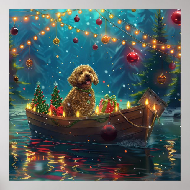 Poster Viagem Festiva de Natal do Goldendoodle (Frente)