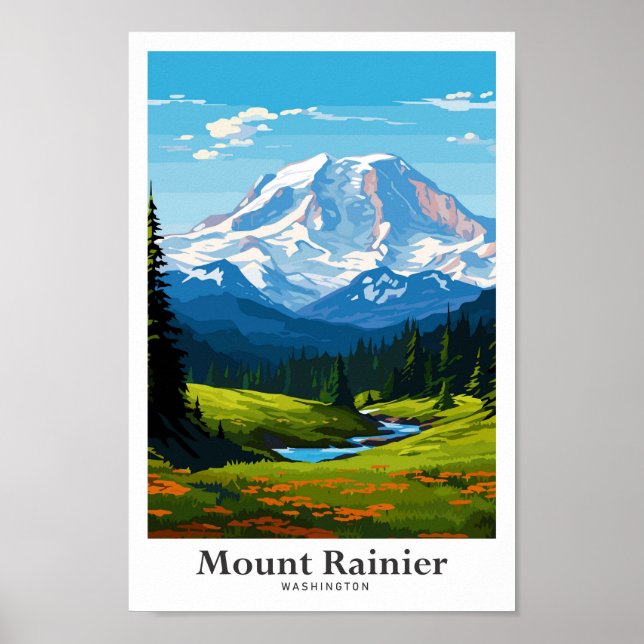 Poster Viagem Illustração do Monte Rainier Washington (Frente)