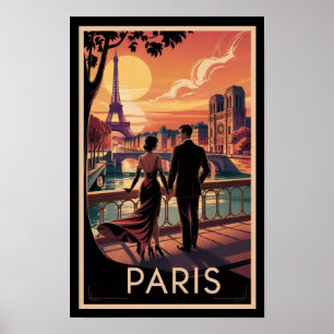 Poster Viagem para casal em Paris e Torre Eiffel Vintage 