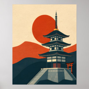 Poster Viagem pela Pagoda do Santuário Japonês Vintage