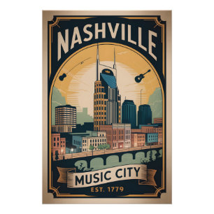 Pôster Viagem Retro Cidade da Música Nashville Tennessee