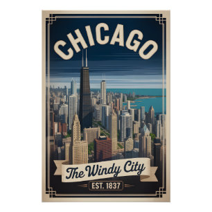 Pôster Viagem Retro Cidade do Vento Chicago Illinois