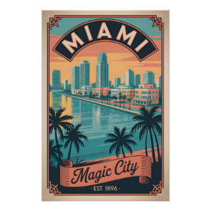 Pôster Viagem Retro Cidade Mágica Miami Flórida