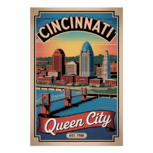 Pôster Viagem Retro Cincinnati Ohio Cidade Rainha Vintage