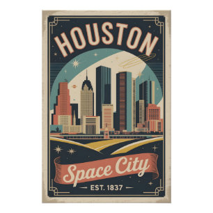 Pôster Viagem Retro Espaço Cidade Houston Texas Vintage