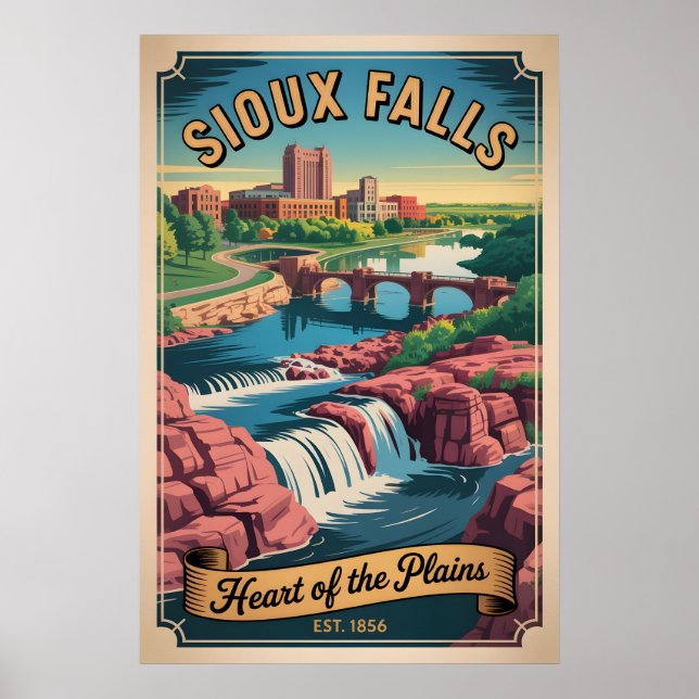 Poster Viagem Retro Sioux Falls Dakota do Sul (Frente)