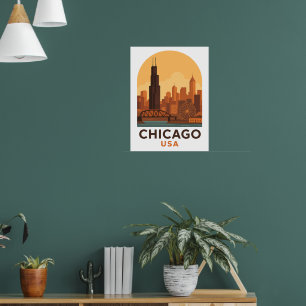 Poster Viagem Vintage Chicago EUA Céu da Cidade Retro