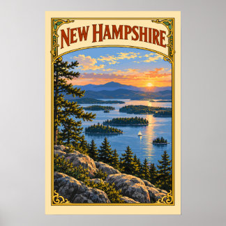 Poster Viagem Vintage New Hampshire Lago Winnipesaukee