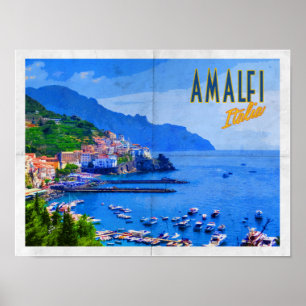 Poster Viagens vintage afligidas Europa de Amalfi Italia