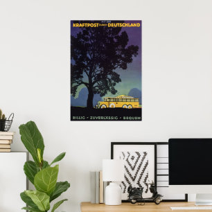 Pôster Viagens vintage, Alemanha, ônibus amarelo à noite