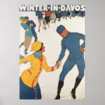 Pôster Viagens vintage, Art Deco, Suiça de Winter Davos<br><div class="desc">Anúncio de ilustração de safra,  etiqueta europeia de poster de viagens ou bagagem de Davos,  Suiça com design esportivo de amor e romance com patinação de gelo casal. Inverno em Davos.</div>