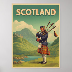 Poster Viagens vintage da Escócia - Highland Bagpiper