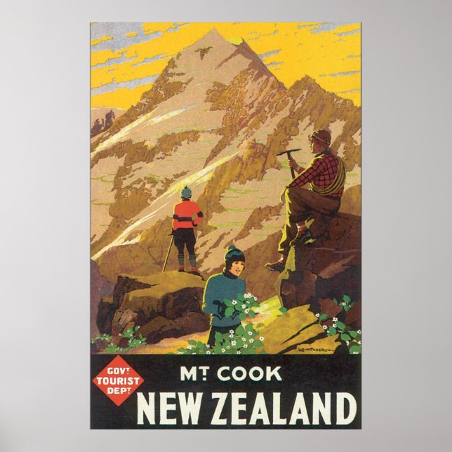 Pôster Viagens vintage da Nova Zelândia do Mt Cook (Frente)