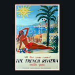 Pôster Viagens vintage da Riviera Francesa<br><div class="desc">Impressão de reprodução de uma poster de Arte Francesa que promove a viagem para a França-Riviera apresentando uma mulher em bikini contra a bela praia do litoral mediterrânico. Personalize o tamanho,  a textura,  a borda e/ou o quadro do poster para se adequar ao seu gosto.</div>