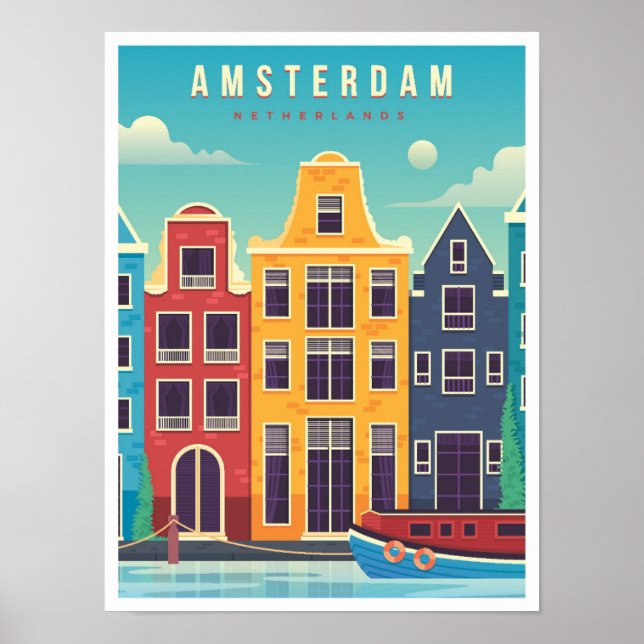 Poster Viagens vintage de Amsterdã Holanda (Frente)
