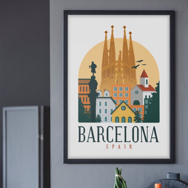 Poster Viagens vintage de Barcelona (Barcelona Spain Vintage Cityscape Poster)