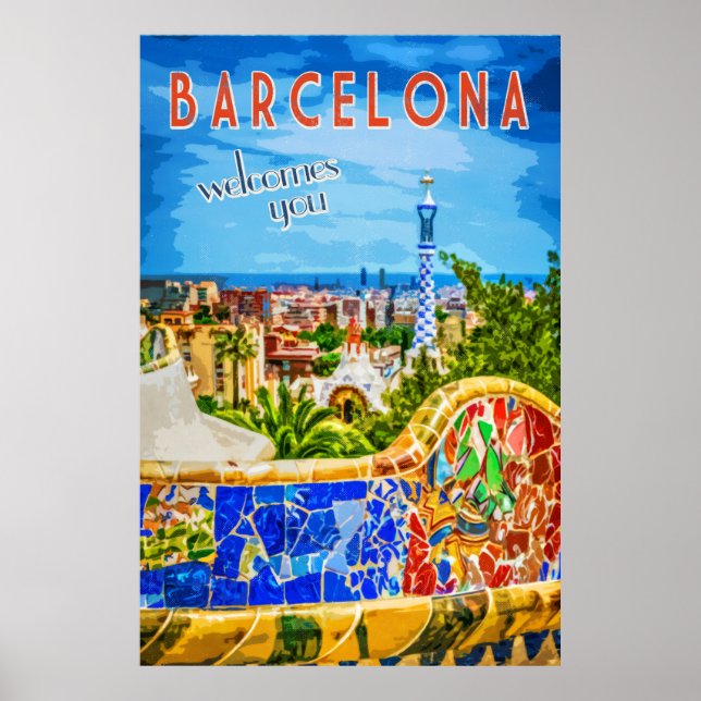 Poster Viagens vintage de Barcelona Park Güell Bench (Frente)