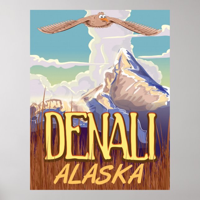 Pôster Viagens vintage de desenho animado Denali Alaska (Frente)