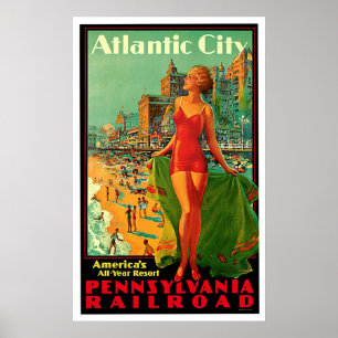 Poster Viagens vintage de Garota de Atlantic City New Jer