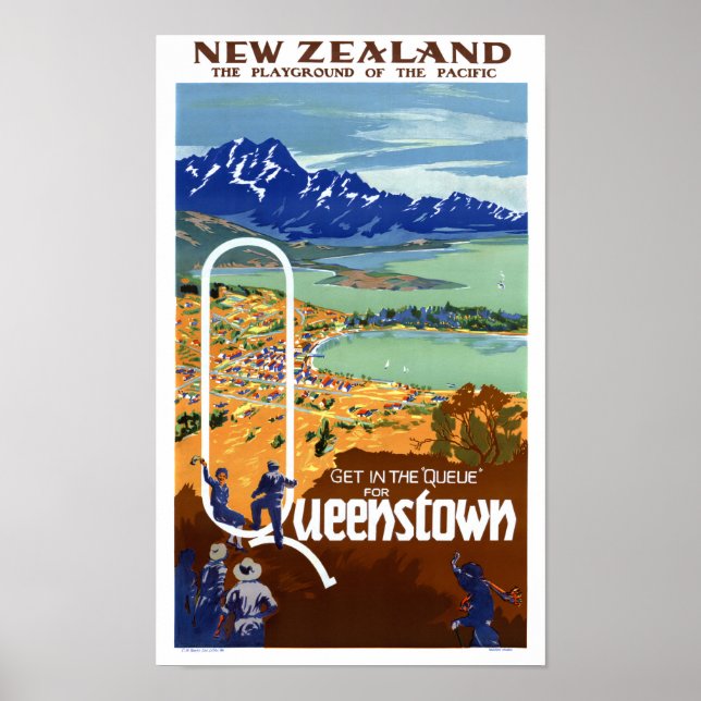 Poster Viagens vintage de Queenstown da Nova Zelândia (Frente)