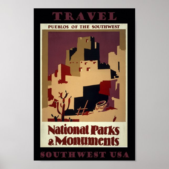 Poster Viagens vintage de Southwest Pueblos EUA (Frente)
