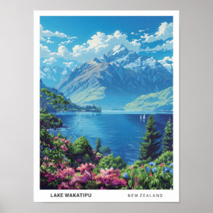 Poster Viagens vintage do Lago Wakatipu Nova Zelândia